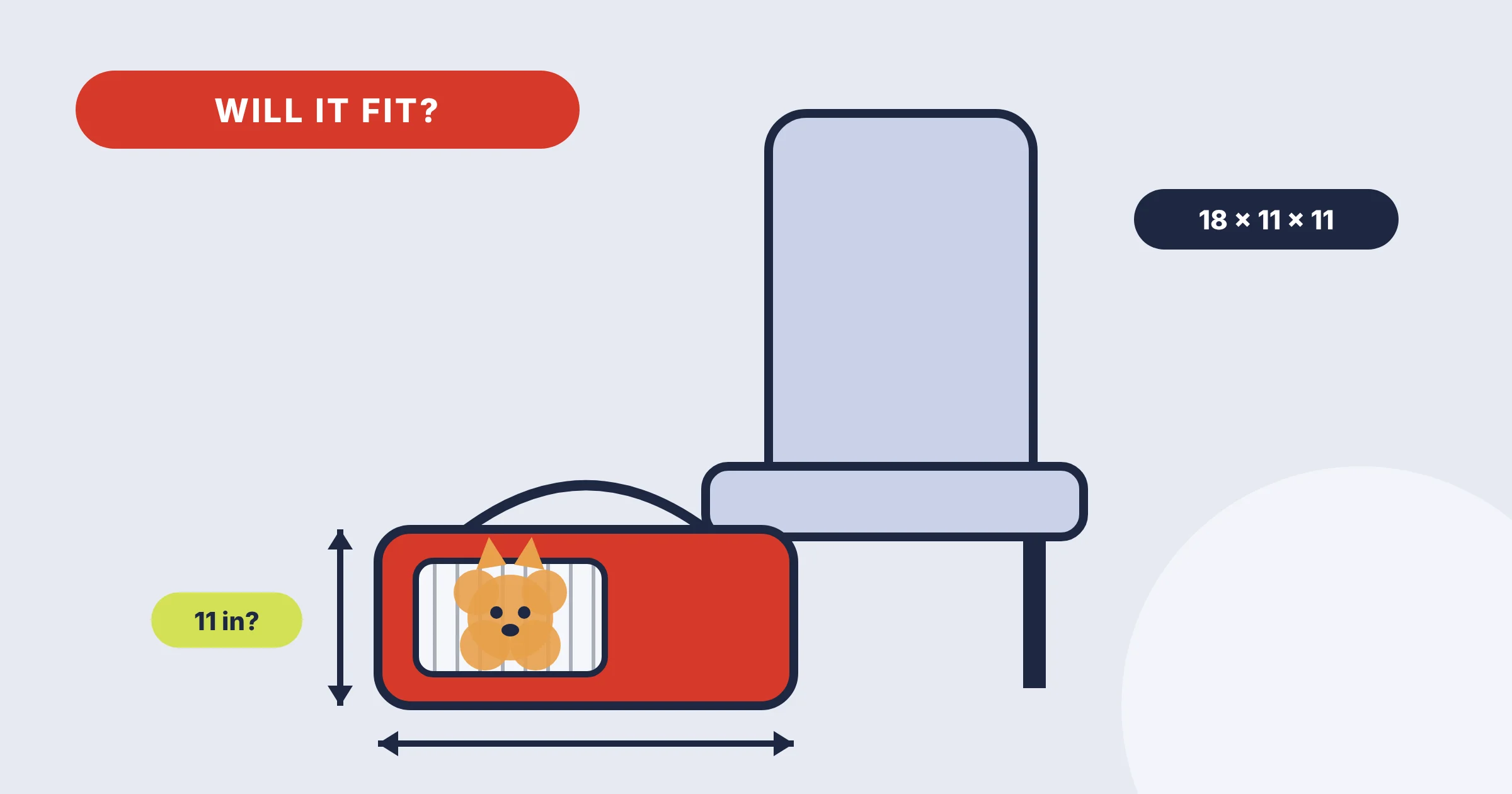 Illustration of a small fluffy dog in a soft pet carrier under an airplane seat with a tape measure
