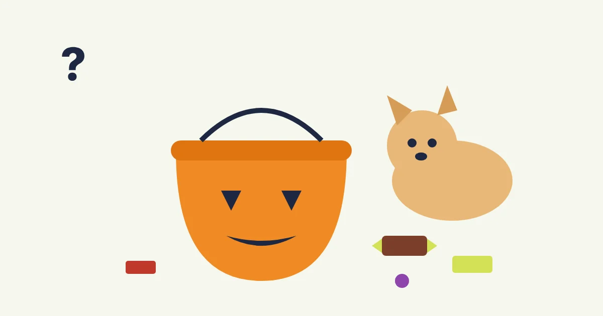 Illustration of a small fluffy dog next to a spilled trick-or-treat pumpkin bucket with candy and wrappers on the floor