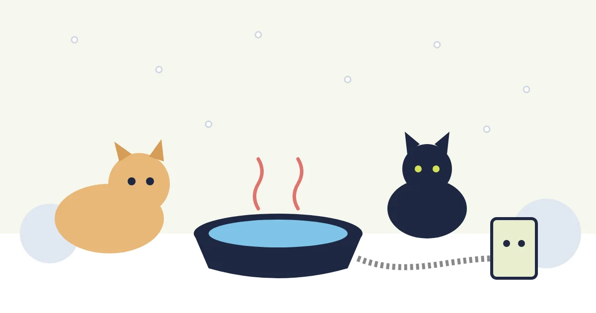 Illustration of a heated pet water bowl on a snowy porch with a steel-wrapped cord running to an outdoor outlet, and a dog and a cat nearby