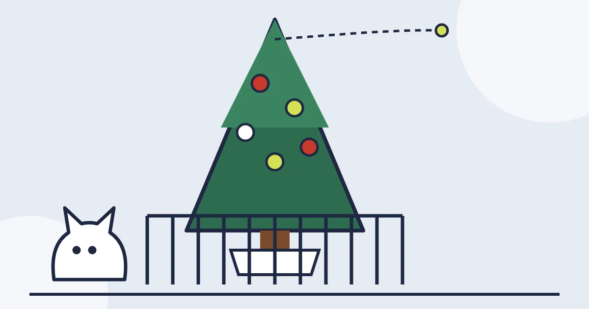 Illustration of a Christmas tree tied to the wall with an exercise pen around the base, ornaments only on the upper branches